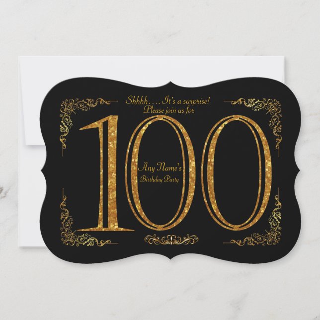 Invitation 100e, fête d'anniversaire 100e, Gatsby, noir & or (Devant)