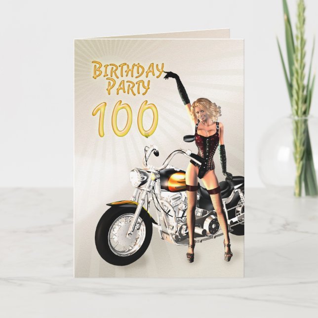 Invitation 100e fête d'anniversaire avec une fille et moto (Devant)