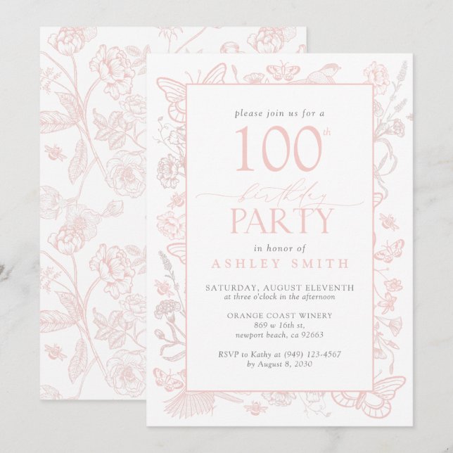 Invitation 100e fête d'anniversaire Elégant Blush rose floral (Devant / Derrière)
