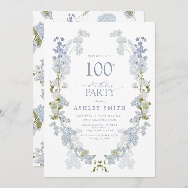 Invitation 100e fête d'anniversaire Elégant Dusty Blue Floral (Devant / Derrière)