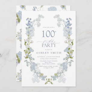 Invitation 100e fête d'anniversaire Elégant Dusty Blue Floral