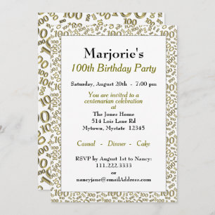 Invitation 100e fête d'anniversaire Gold/Motif de numéro blan