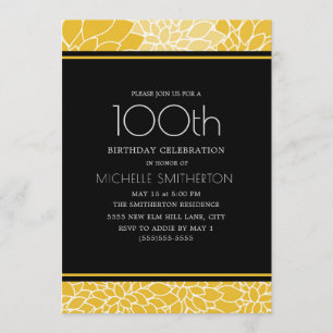 Invitation 100e fête d'anniversaire Jaune Blanc Noir Floral