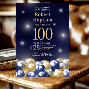 Invitation 100e fête d'anniversaire Marine Blue Gold Ballons