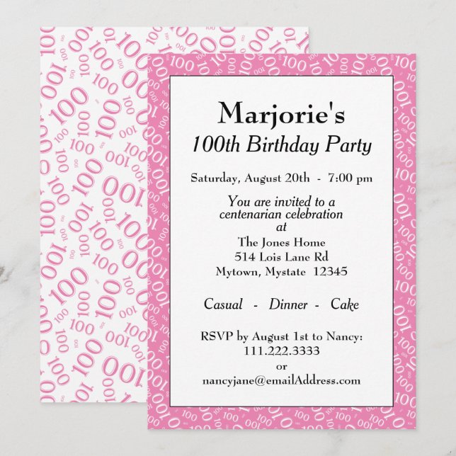 Invitation 100e fête d'anniversaire Motif de numéro rose/blan (Devant / Derrière)