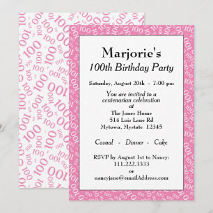 Invitation 100e fête d'anniversaire Motif de numéro rose/blan