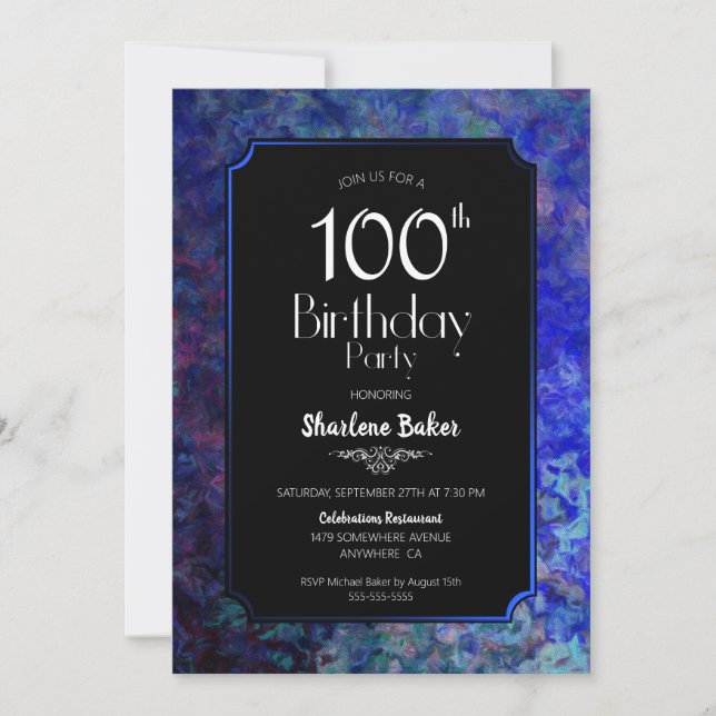 Invitation 100e fête d'anniversaire Noir avec frontière bleue (Devant)