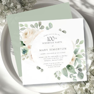 Invitation 100e fête d'anniversaire Rose blanche Floral Eucal