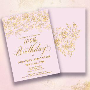 Invitation 100e fête d'anniversaire Rose d'or Floral Blush ro