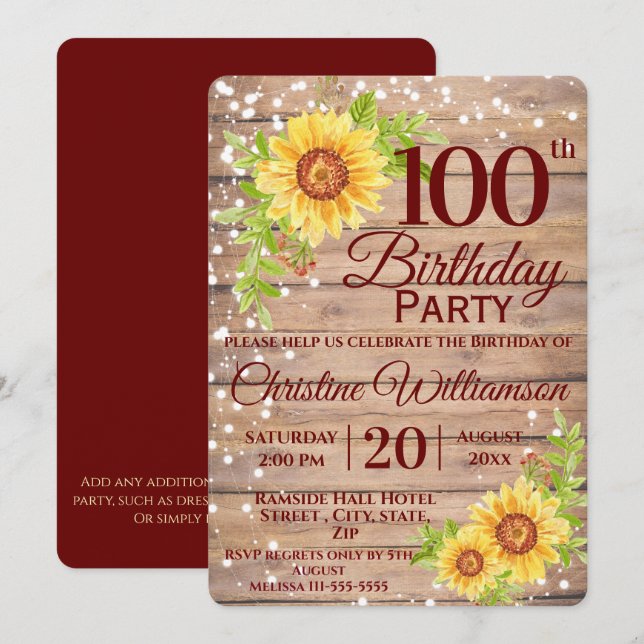 Invitation 100e fête d'anniversaire Tournesol floral rustique (Devant / Derrière)