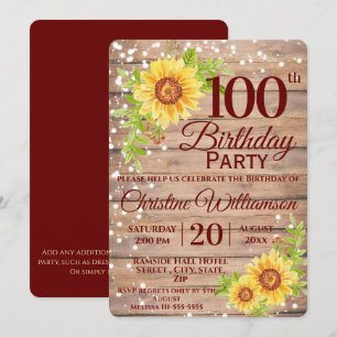 Invitation 100e fête d'anniversaire Tournesol floral rustique
