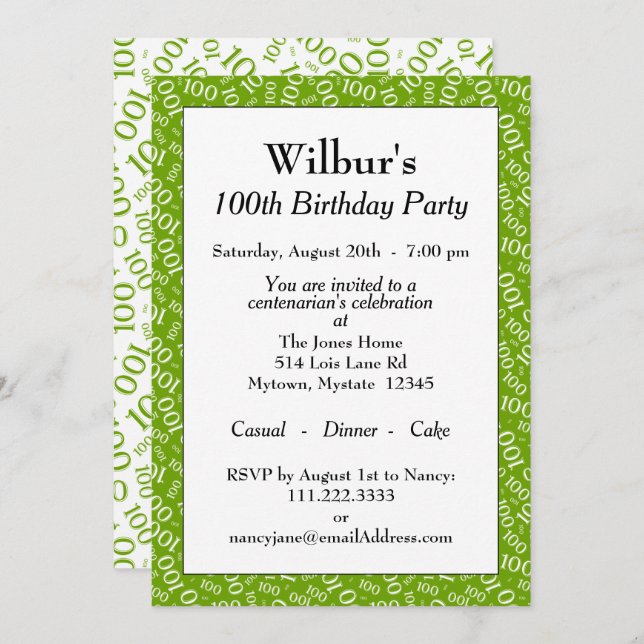 Invitation 100e fête d'anniversaire Vert/Blanc Motif numériqu (Devant / Derrière)