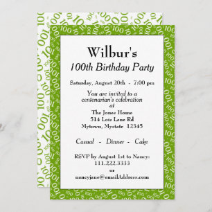 Invitation 100e fête d'anniversaire Vert/Blanc Motif numériqu
