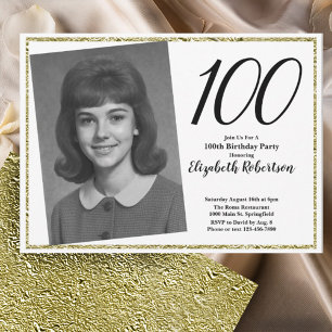 Invitation 100e Photo personnalisé blanc et or 