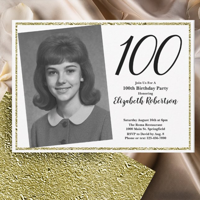 Invitation 100e Photo personnalisé blanc et or  (Créateur téléchargé)