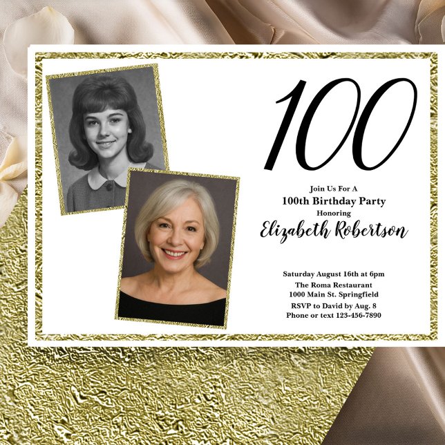 Invitation 100e photo personnalisée blanc et or  (Créateur téléchargé)