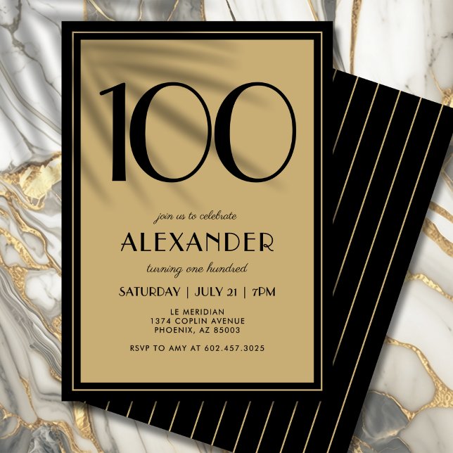 Invitation 100th Birthday Adult Black and Gold Modern Minimal (Personalized black and gold invitation for an unforgettable 100th birthday.)