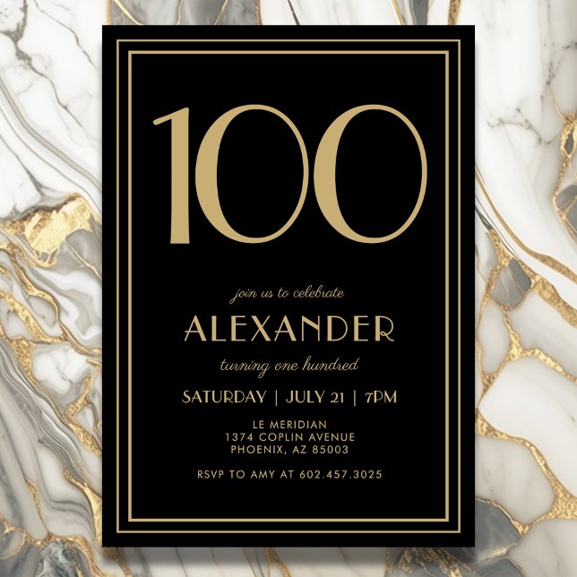 Invitation 100th Birthday Black and Gold Modern Minimal Adult (Elegant black and gold 100th birthday invitation design for him or her.)