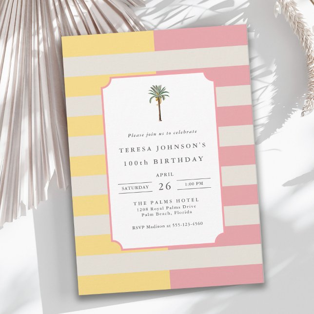 Invitation 100th Birthday Palm Beach Pastel Stripe Tropical (Créateur téléchargé)