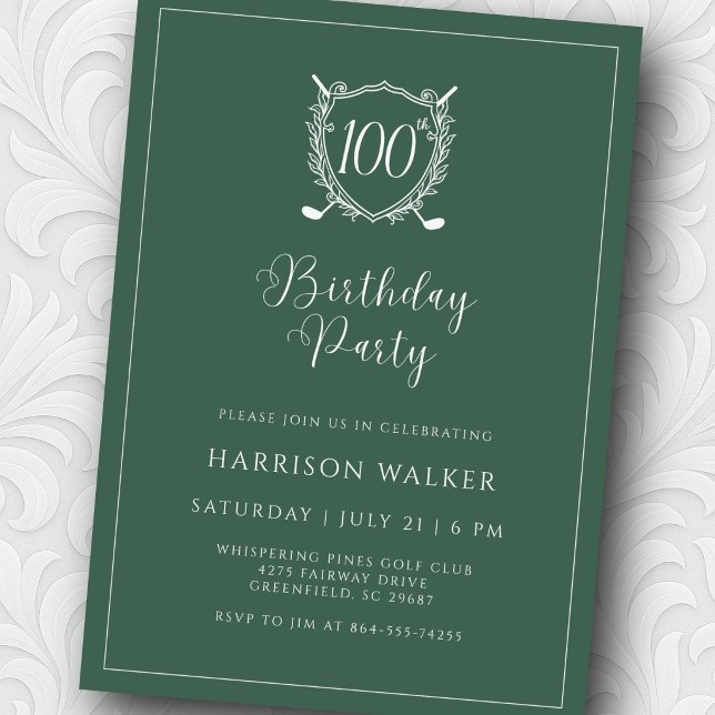 Invitation 100th Birthday Party Golf Crest Elegant Script (Rich green tones for a polished, upscale feel.)