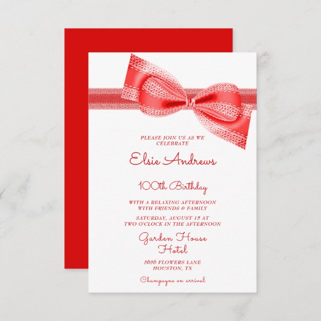 Invitation 100th Centenarian Red Bow & Ribbon Birthday (Devant / Derrière)