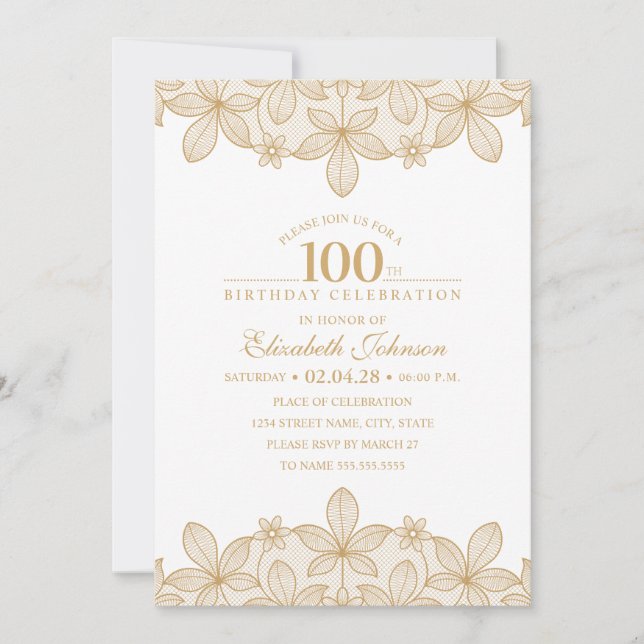Invitation 100th Dentelle d'or unique de fête d'anniversaire (Devant)