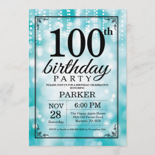 Invitation 100th Parties scintillantes turquoises