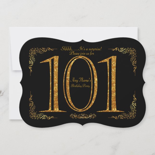 Invitation 101e, fête d'anniversaire 101e, Gatsby, noir & or (Devant)