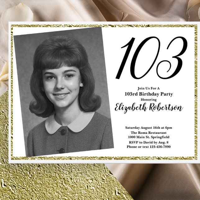 Invitation 103e personnalisé Photo Blanc et Or  (Créateur téléchargé)