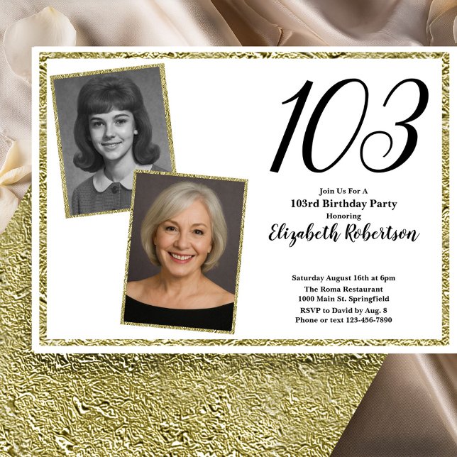 Invitation 103rd Custom Photo White and Gold  (Créateur téléchargé)