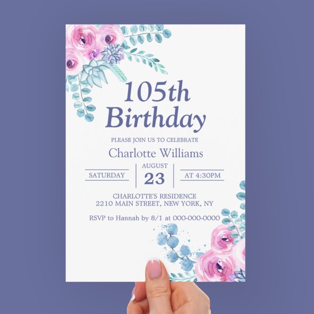 Invitation 105e anniversaire Purple Floral 105 ans (105th Birthday Purple Floral 105 Years Invitation
)