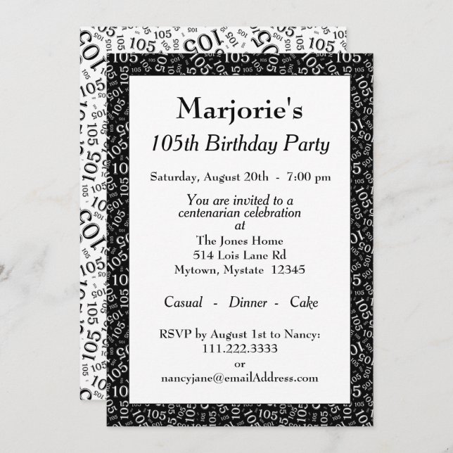 Invitation 105e fête d'anniversaire Noir/Blanc Motif numériqu (Devant / Derrière)