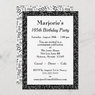 Invitation 105e fête d'anniversaire Noir/Blanc Motif numériqu