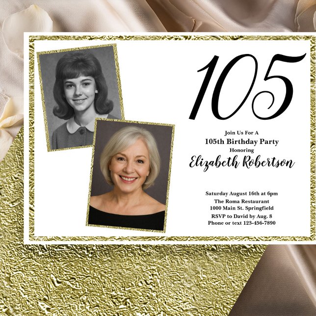 Invitation 105e Photo personnalisé blanc et or  (Créateur téléchargé)