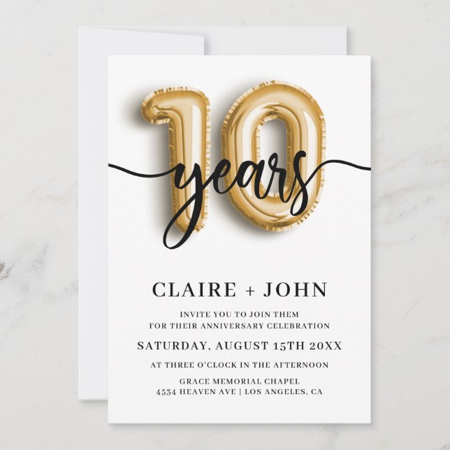 Invitation 10 ans de mariage - Anniversaire des Ballons en Or (Devant)