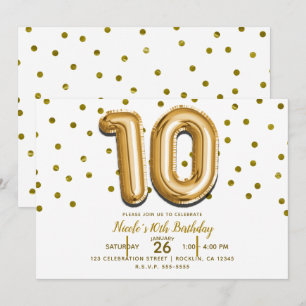 Invitation 10 Ten Gold Balloon Confetti 10e fête d'anniversai