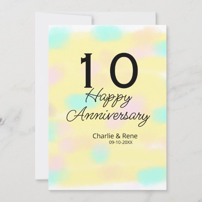 Invitation 10 wedding anniversary yellow pastel name retro bo (Devant)