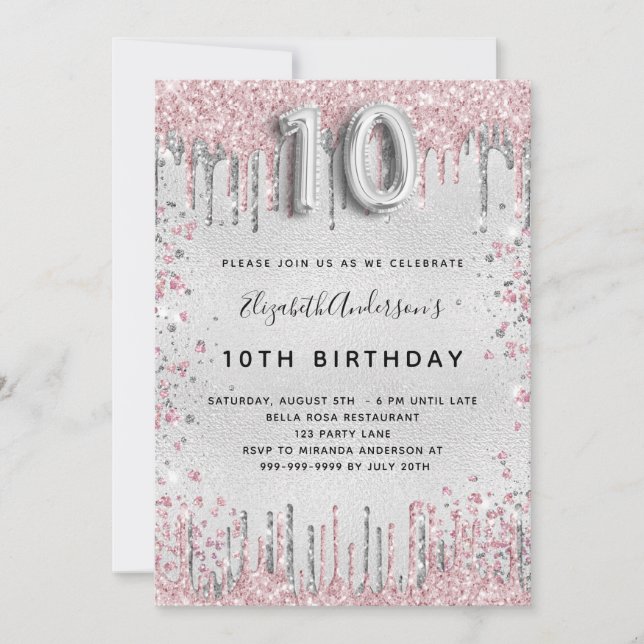 Invitation 10e anniversaire argent rose parties scintillant p (Devant)