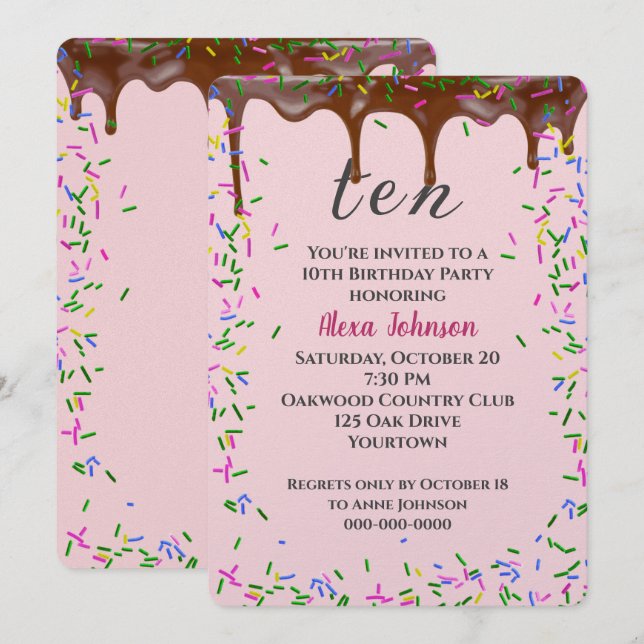 Invitation 10e Anniversaire Avec Glace Au Chocolat Et Saupoud (Devant / Derrière)