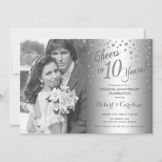 Invitation 10e anniversaire avec photo - Argent diamant (Devant)