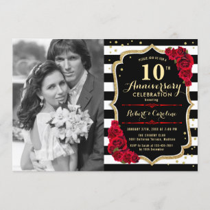 Invitation 10e anniversaire avec photo - Gold Black Red