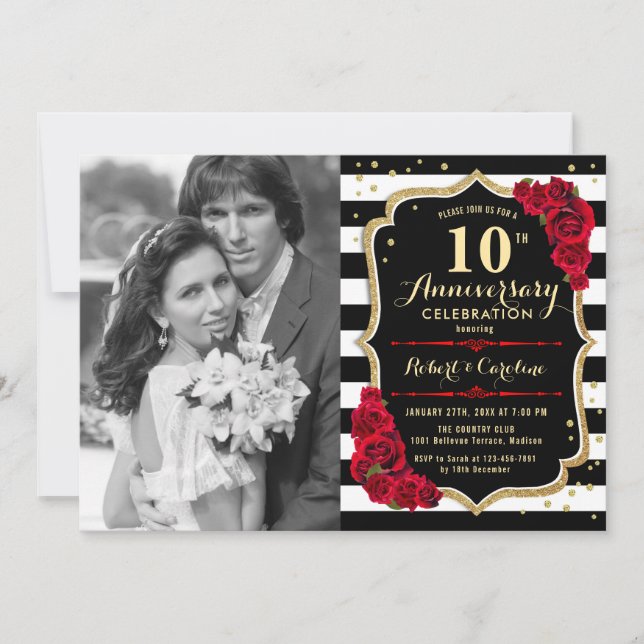 Invitation 10e anniversaire avec photo - Noir Or Rouge (Devant)