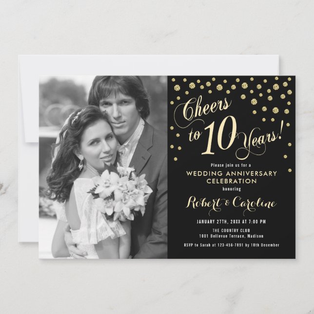 Invitation 10e anniversaire avec photo - Or Noir (Devant)