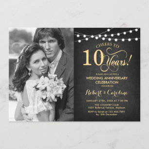 Invitation 10e anniversaire avec photo - Tableau noir or