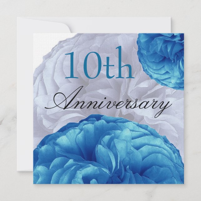 Invitation 10e Anniversaire Bleu Blanc Roses Linge (Devant)