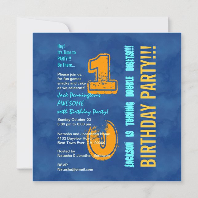Invitation 10e anniversaire Blue and Gold Modern Grunge G10B (Dos)