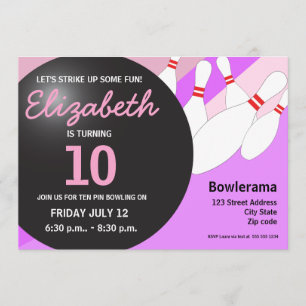 Invitation 10e anniversaire bowling fête rose violet