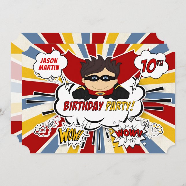 Invitation 10e anniversaire de fête garçons Superhero Red Com (Devant / Derrière)