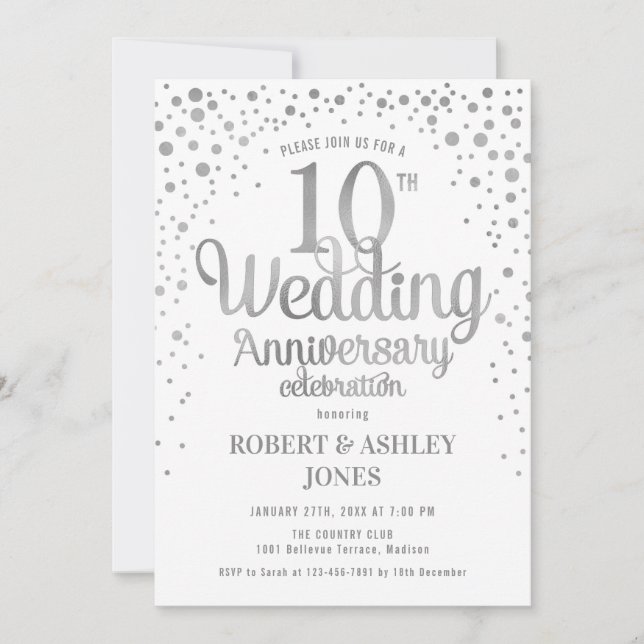 Invitation 10e anniversaire de mariage - Argent et Blanc (Devant)