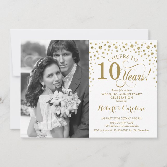 Invitation 10e anniversaire de Mariage avec photo - Blanc or (Devant)